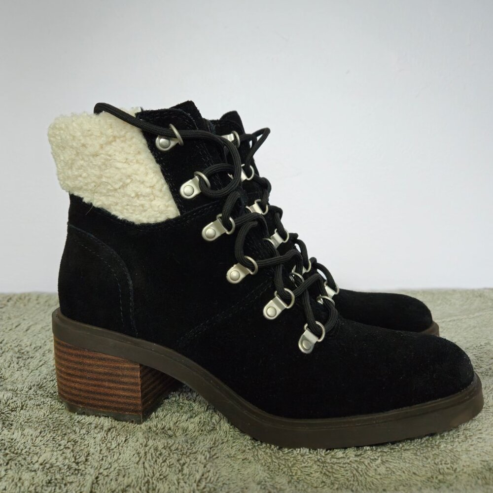 Lucky Brand Demia Black Suede heeled Combat lace and zip boots. Womens size 8.5